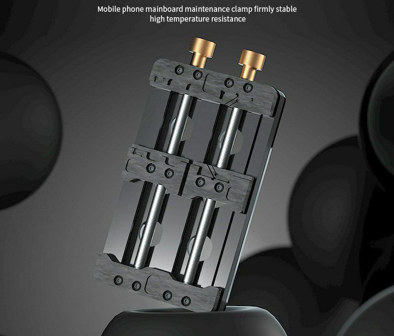 Support de fixation biaxial en alliage d'aluminium, mesurant 155 mm par 80 mm, conçu pour maintenir les cartes mères de téléphones portables et autres circuits imprimés.