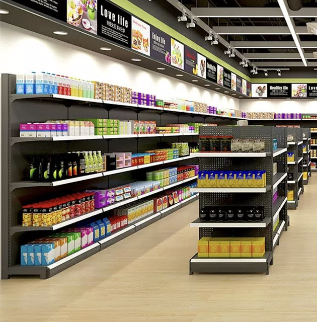 Étagère métallique légère pour supermarché, présentoir de produits multicouches simple face, présentoir de panneaux perforés double face pour îlot