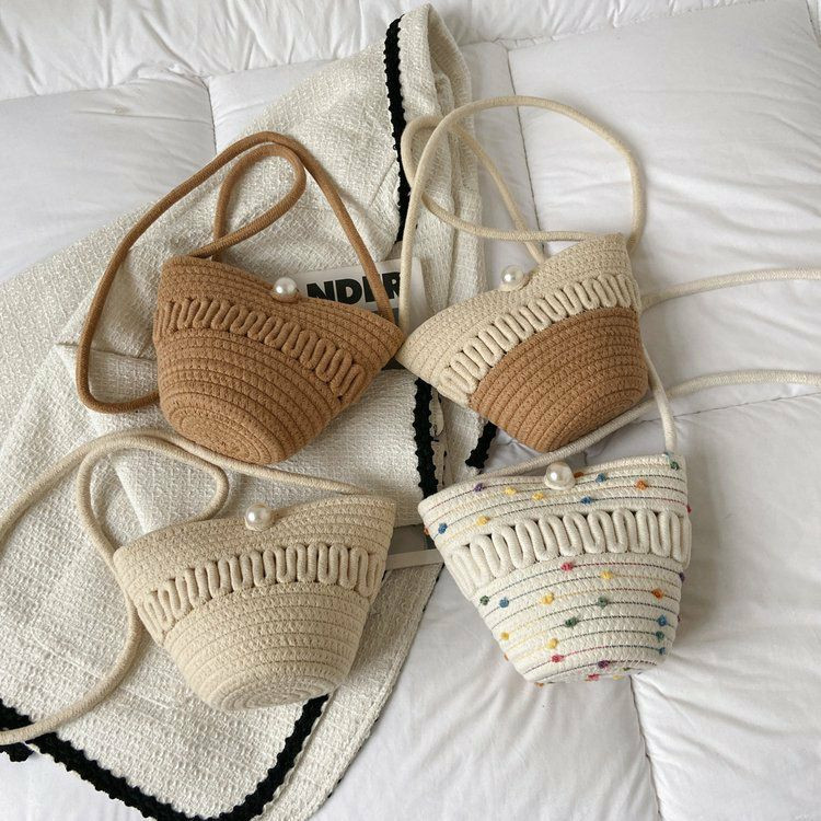 Sac à bandoulière tissé simple en paille douce pour femme, sac en fil de coton perlé, besace décontracté pour la plage